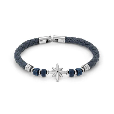 Atlante bracelet, synthetic leather, Wind Rose Stainless steel bracelet with natural stone