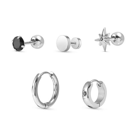 Set of 5 Atlante stainless steel earrings Single earrings for Him with Cubic Zirconia