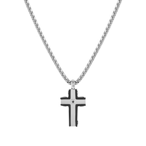 Strong Diamond necklace, Cross with Black Diamond Stainless steel necklace with natural Diamond, details in Black ceramic