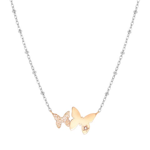 Happyworld necklace, Butterflies Stainless steel jewellery, rose PVD finish and Cubic Zirconia