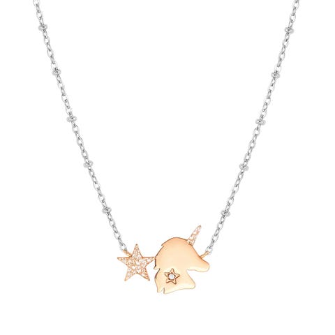 Happyworld necklace, Unicorn and Star Stainless steel jewellery with Cubic Zirconia and rose PVD finished details