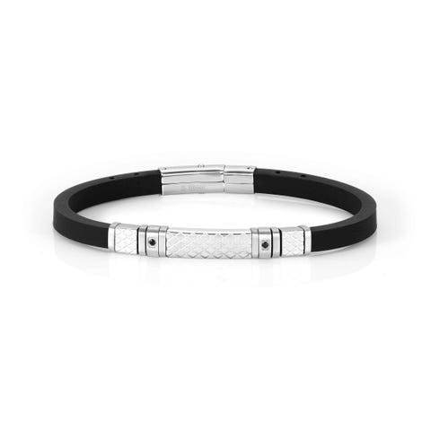 Bracciale City con pietra nera e placca decorata Bracciale in caucciù e acciaio con cubic zirconia nero
