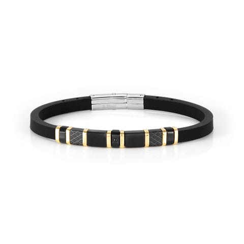 City bracelet, Black stone and decorated plate Rubber and stainless steel bracelet with black CZ