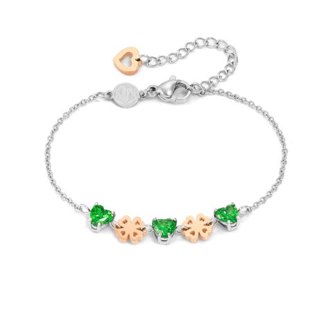 Principessina bracelet, Four-Leaf-Clover Stainless steel bracelet with Green Cubic Zirconia and Four-Leaf Clover symbols 