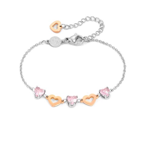 Principessina bracelet, Heart Stainless steel bracelet with Pink Cubic Zirconia and Heart symbols 