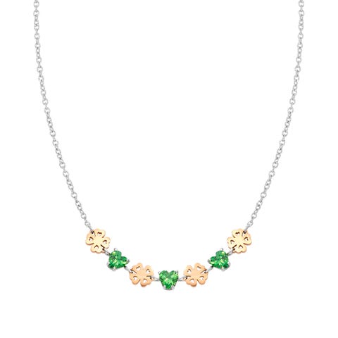 Principessina necklace,Green CZ,Four-Leaf-Clover Stainless steel necklace with Green Cubic Zirconia and Four-Leaf Clover symbols 