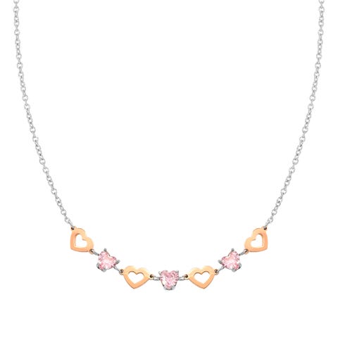 Halskette Principessina Steine in Rosa und Herzen Halskette aus anallergischem Edelstahl mit Cubic Zirkonia in Rosa und Herz Elementen in der Mitte