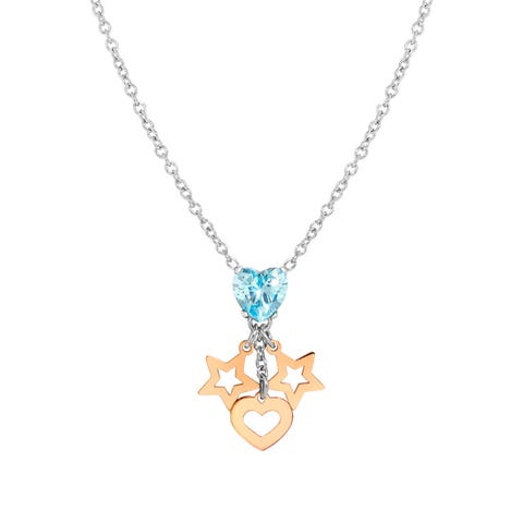 Principessina necklace, Star Stainless steel necklace with Light Blue Cubic Zirconia and Star symbols and Heart symbol
