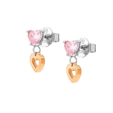 Ohrringe Principessina in Rosa mit Herzen Ohrringe aus Edelstahl mit Cubic Zirkonia in Rosa und Herz Anhänger