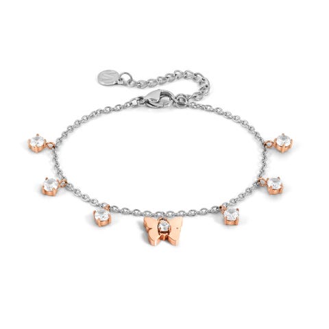 Pulsera MySophie con Mariposa y Cubic Zirconia Pulsera en acero hipoalergénico con Cubic Zirconia y detalles con acabado en PVD rosa