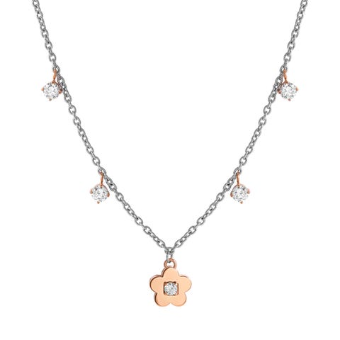 Collar MySophie con Flor y Cubic Zirconia Collar en acero hipoalergénico con Cubic Zirconia y detalles con acabado en PVD rosa