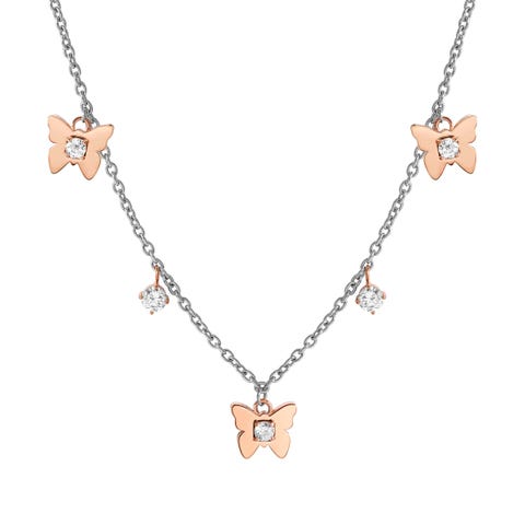 MySophie necklace, 3 Butterflies and CZ Stainless steel necklace with Cubic Zirconia and pink PVD colour coated details