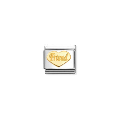 Composable Classic Link, Gold Heart FRIEND Stainless steel Link with yellow gold Heart and FRIEND