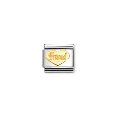 Composable Classic Link, Gold Heart FRIEND Stainless steel Link with yellow gold Heart and FRIEND