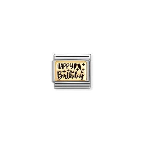 Composable Classic Link, HAPPY BIRTHDAY yellow gold Link in stainless steel and yellow gold with text and champagne glasses symbol in black engraving