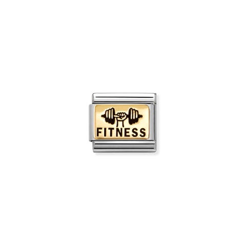 Composable Classic Link, FITNESS Weights Link in stainless steel with yellow gold with FITNESS and engraved barbell symbol