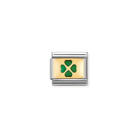 Link Composable Classic Quadrifoglio in Oro Link con simbolo portafortuna in Acciaio e Oro 750