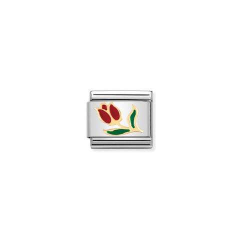 Composable Link, Red Tulip Link with bonded yellow gold symbol, Flower with coloured enamel