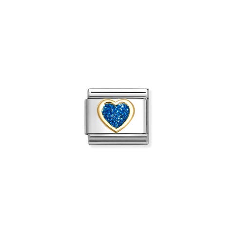 Link Composable Classic con Cuore Glitterato Blu Link in Acciaio e Oro 750 con Glitter Colorato