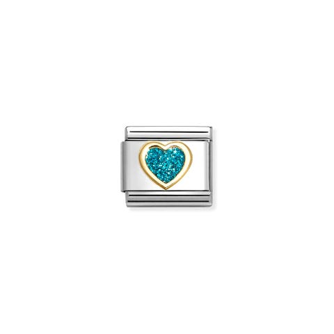 Link Composable Classic con Cuore Glitterato Azzurro Link in Acciaio e Oro con Simbolo Cuore