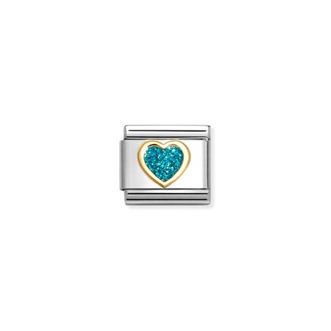Link Composable Classic con Corazón Glitter Azul claro Link en Acero con Símbolo en Oro amarillo y Glitter