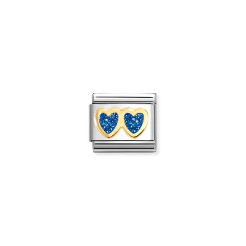 Link Composable Classic con Doppio Cuore Glitterato Blu Link in Acciaio e Oro 750 con Cuori Glitter