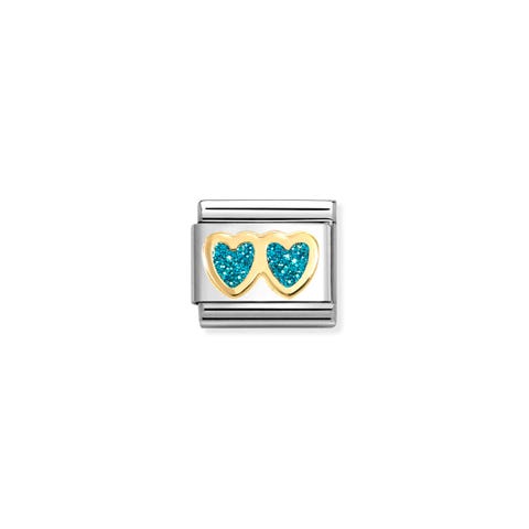 Composable Classic Link, Double Heart, Turquoise Glitter Link with gold Heart symbols with glitter
