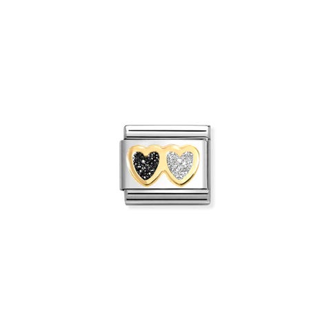 Composable Classic Link, Double Heart, Black & Silver Glitter Stainless steel Link with 18K gold and glitter details