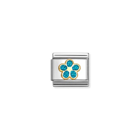 Composable Classic Link, Flower, Turquoise Glitter Stainless steel Link with gold details, glitter
