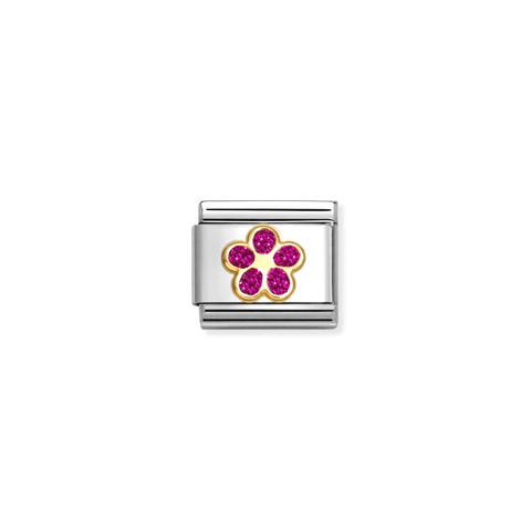 Composable Classic Link, Flower, Fucsia Glitter Stainless steel Link with 18K gold with coloured glitter