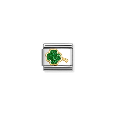 Composable Classic Link, Four-Leaf Clover, Green Glitter Stainless steel Link, coloured Luck symbol in yellow gold