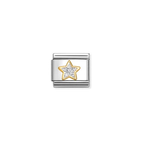 Link Composable Classic Estrella Glitter Plateada Link en Acero con Símbolo en Oro amarillo y Glitter