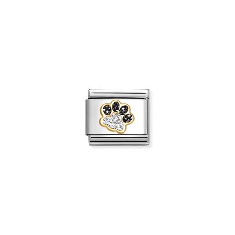 Link Composable Classic Huella Glitter Negra y Plata Link en Acero con Símbolo en Oro amarillo y Glitter