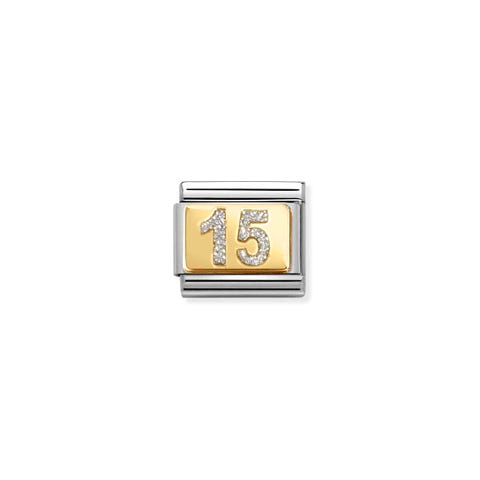 Composable Classic Link, Number 15 with Glitter Link with number with silver Glitter enamel