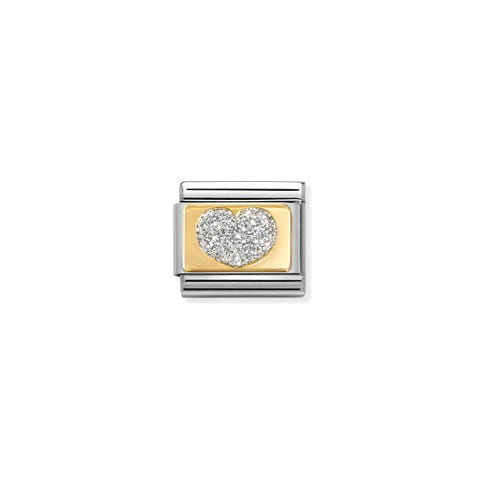 Composable Classic Link, Heart Plate Glitter Bonded yellow gold LInk with small glitter Hearts