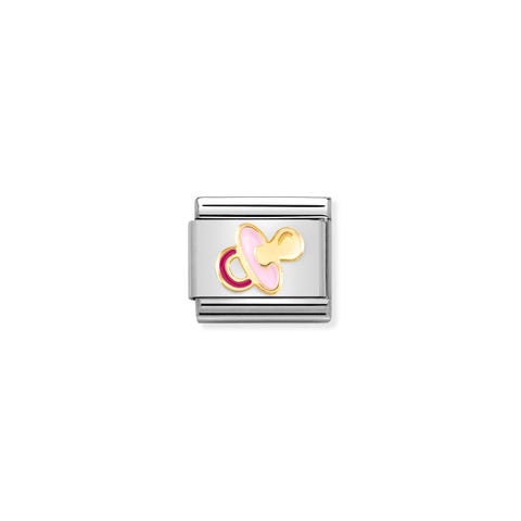Composable Link, Pink Pacifier in gold Link with newborn symbol in 18K gold with coloured enamel