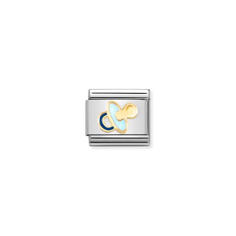 Composable Link, Light Blue Pacifier, gold Link with newborn symbol in 18K and enamel