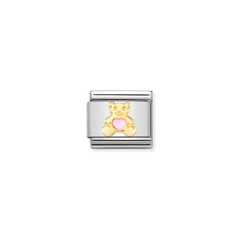 Composable Link, Pink Bear in gold Link with 18K gold and enamel with animal symbol