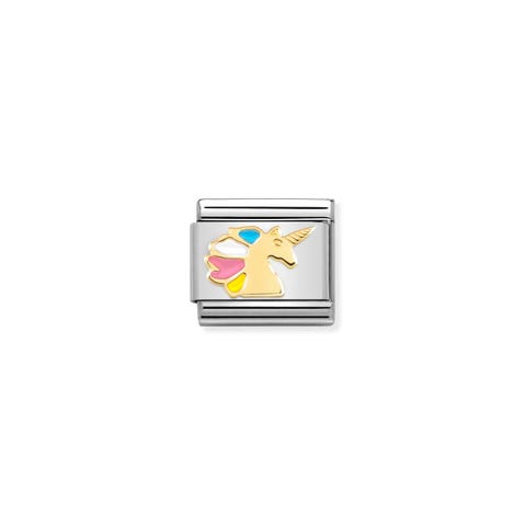 Composable Classic Link Einhorn in bunten Farben Link in Edelstahl, 750er Gold und Emaille mit Phantasie Symbol