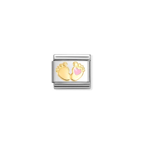 Composable Classic Link Baby Feet and Pink Heart Stainless steel Link with symbol in bonded yellow gold and pink enamel