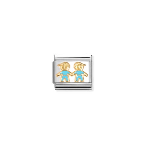 Composable Classic Link, Brothers with enamel Stainless steel Link with 2 Little Boys symbol in gold with Light Blue enamel