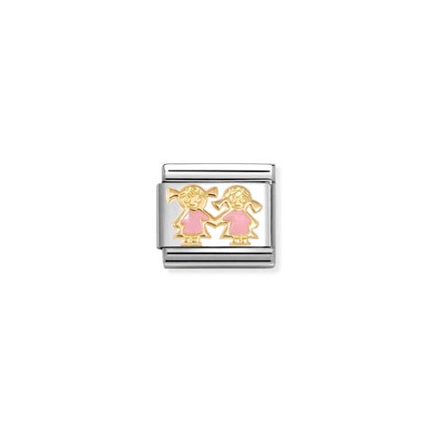 Composable Classic Link, Sisters with enamel Stainless steel Link with 2 Little Girls symbol in gold with Pink enamel