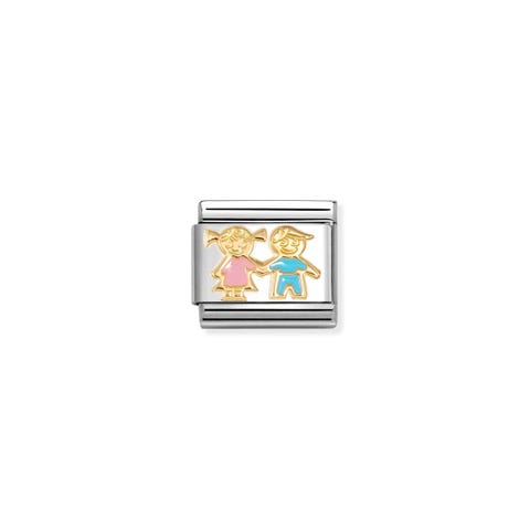 Composable Classic Link, Sister & Brother Stainless steel Link with Little Girl and Little Boy symbol in gold with coloured enamel