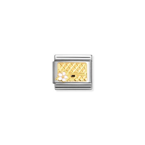 Composable Classic Link, Bag with Flower Stainless steel and bonded yellow gold Link with bag symbol and white flower