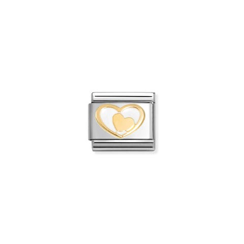 Composable Classic Link, White Heart-Gold Heart Stainless steel Link with yellow gold decoration and white enamel