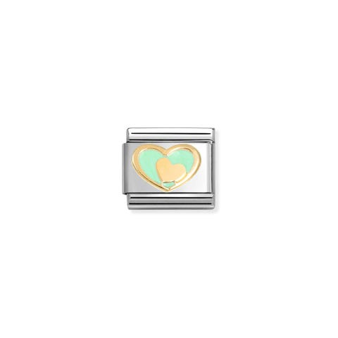 Composable Classic Link, Green Heart-Gold Heart Stainless steel and bonded yellow gold Link with Green enamel