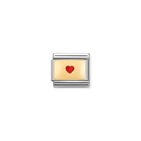 Composable Classic Link Plakette mit kleinem Herz Link in 750er Gelbgold mit Herz in roter Emaille