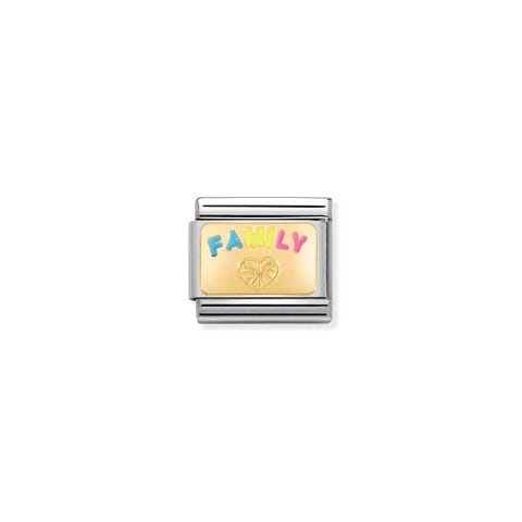 Composable Classic Link, FAMILY, etched Heart Link with 18K yellow gold plate and coloured text