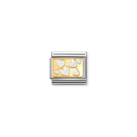 Composable Classic Link, White Hearts Plaque Stainless steel Link with yellow gold and Love themed symbol