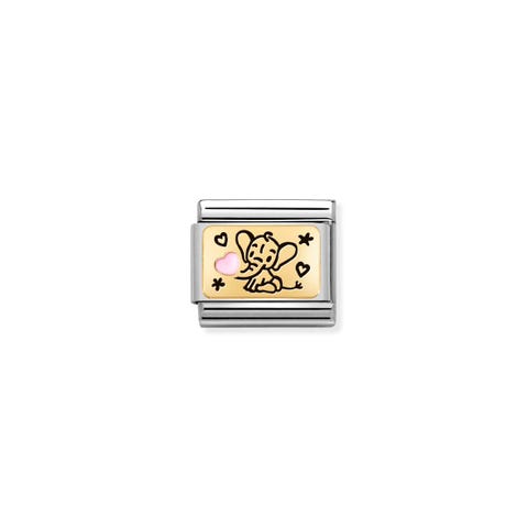 Composable Link, Pink Elephant Link with newborn symbol in 18K gold and Pink enamel
